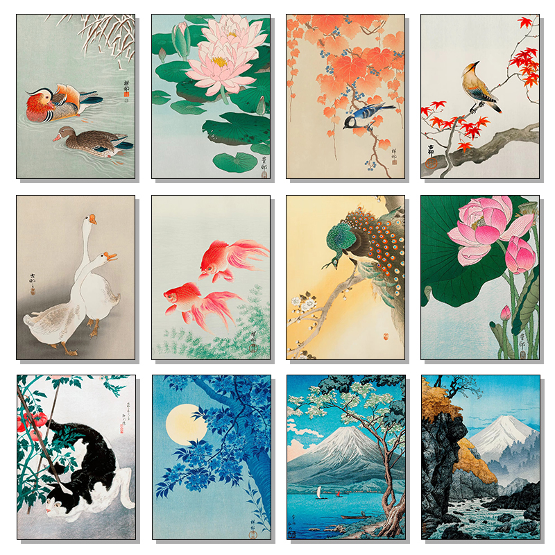 Home Cinema Wall Art - Retro Japanese Flowers Cat Dogs Frog