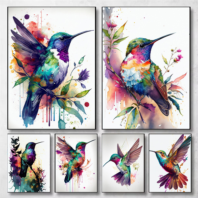 Home Cinema Wall Art - (1pc frameless)Watercolor Colorful Birds Hummingbird Flower