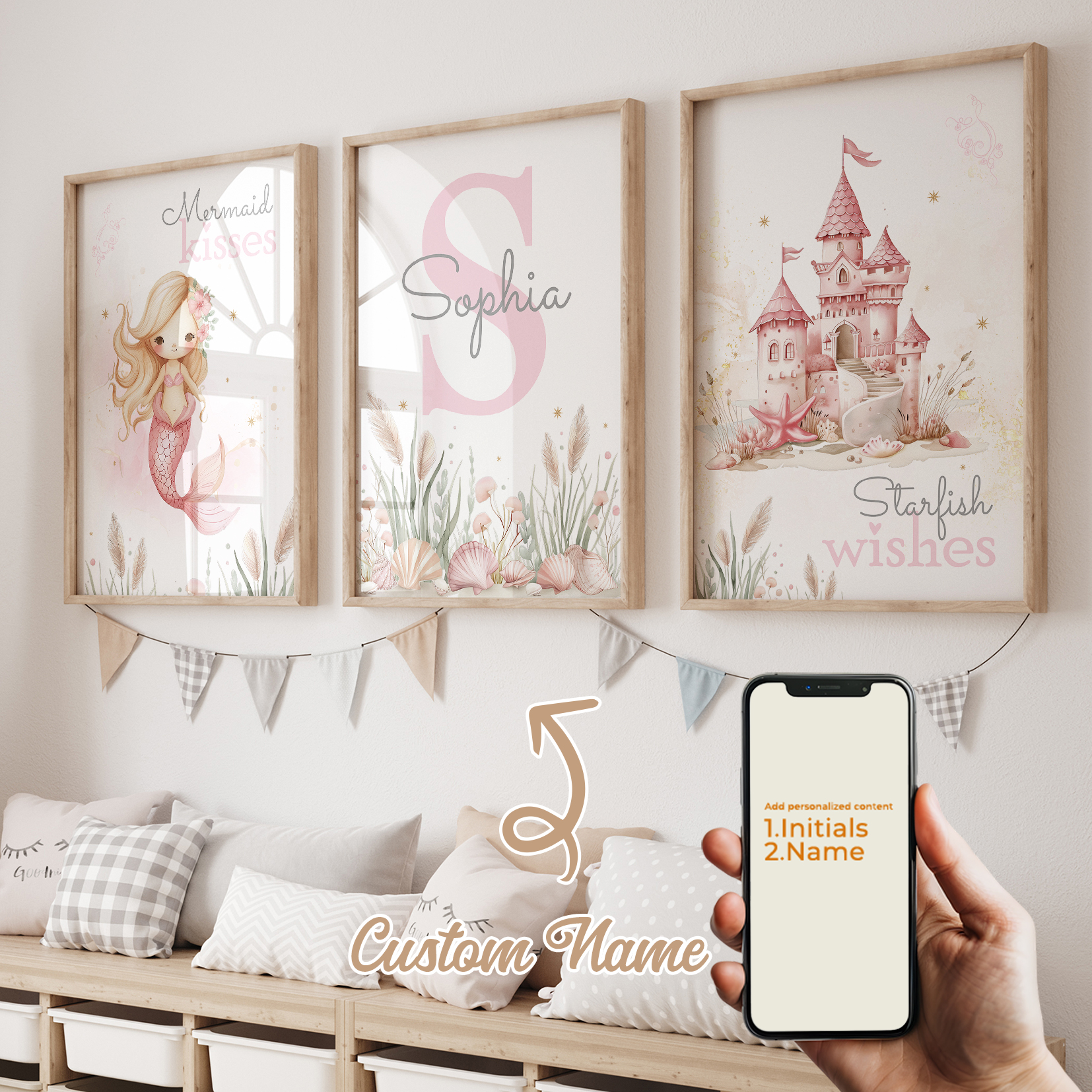 Home Cinema Wall Art - 3pcs Personalized Custom Name Cartoon Mermaid