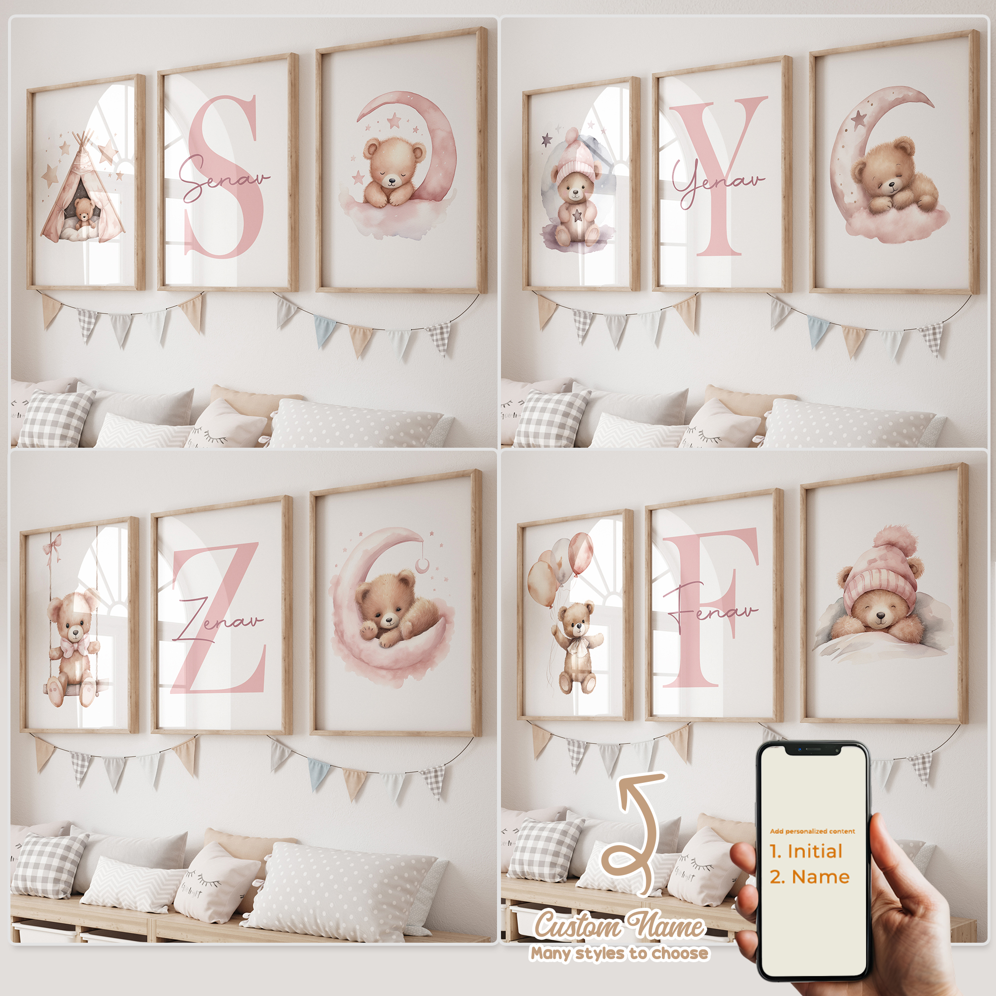 Home Cinema Wall Art - 3pcs Personalized Custom Name Cartoon Pink
