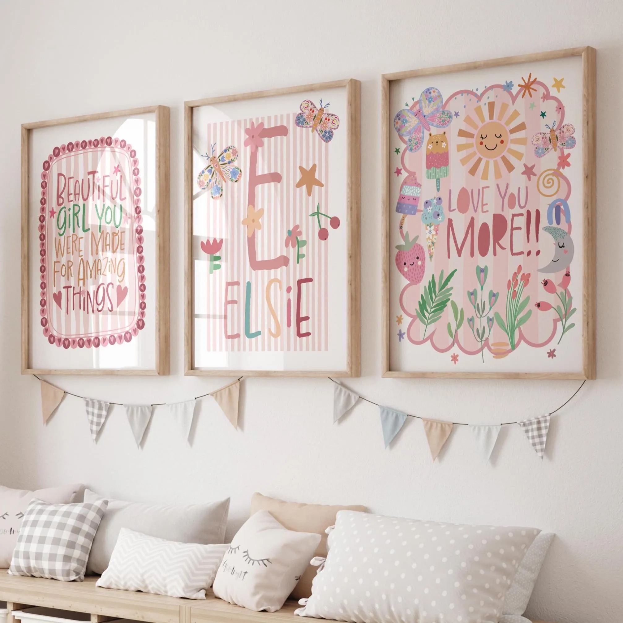 Home Cinema Wall Art - 3pcs/set Bohemian Pink Flower Custom Name
