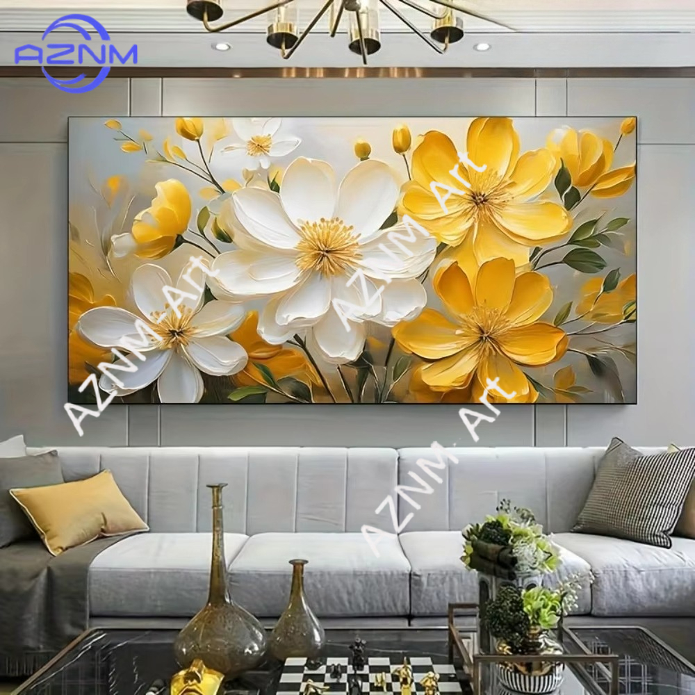 1PC ，Flat White and Yellow Flo – обзор и цена Home Cinema Wall Art