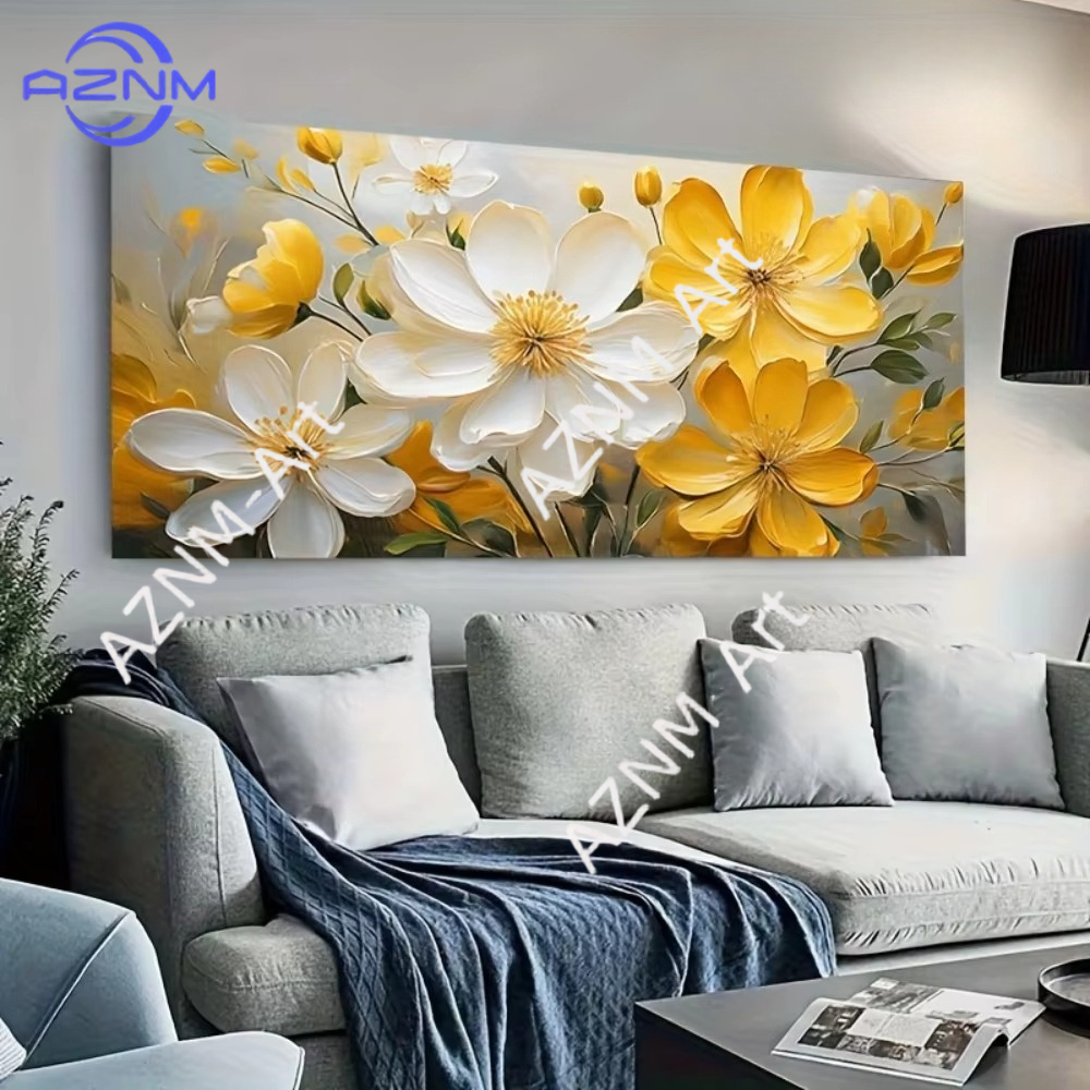 1PC ，Flat White and Yellow Flo – обзор и цена Home Cinema Wall Art